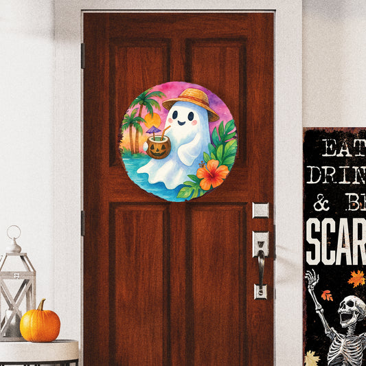 Summerween Ghost Door Hanger – Halloween Tropical Décor with UV Print – Round Sign for Front Door or Patio