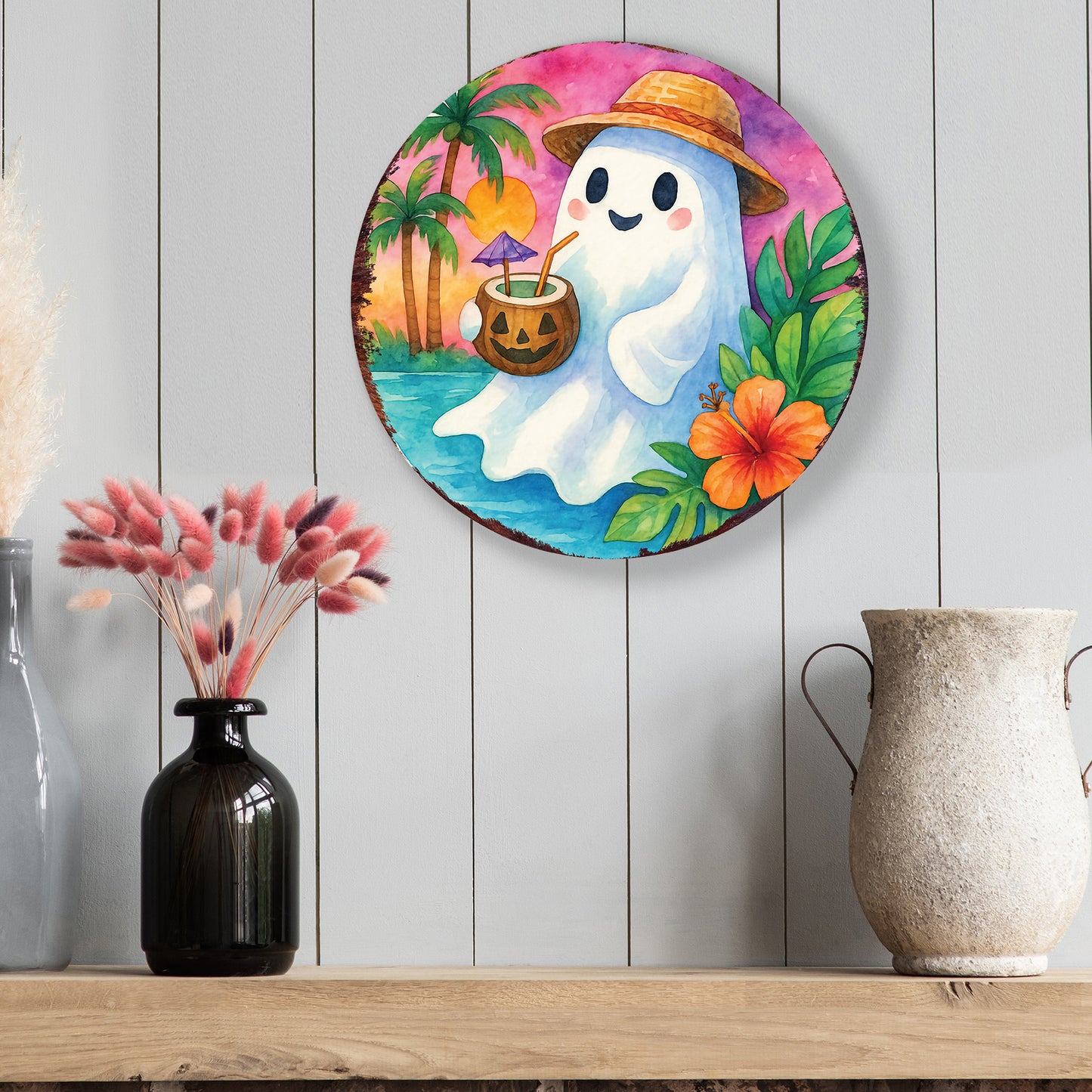 Summerween Ghost Door Hanger – Halloween Tropical Décor with UV Print – Round Sign for Front Door or Patio