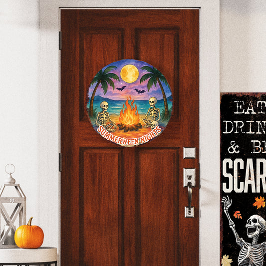 Summerween Nights Door Hanger – Halloween Beach Skeleton Decor – UV Print Round Sign for Front Door or Porch
