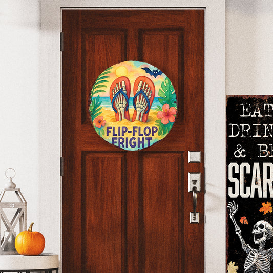 Flip-Flop Fright Summerween Door Hanger – Tropical Skeleton Feet Sign – Round UV Print Décor for Door, Porch, or Patio