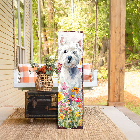 Westie Porch Sign | Vertical Dog Wall Art with Wildflowers | Front Porch or Garden Decor for Pet Lovers and Dog Owners