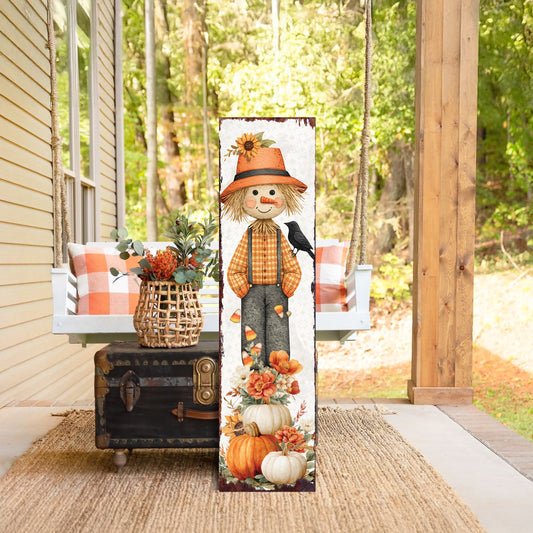 Fall Scarecrow Porch Sign | Autumn Entryway Decor with Pumpkins & Flowers | Rustic Harvest Porch Decoration for Seasonal Display