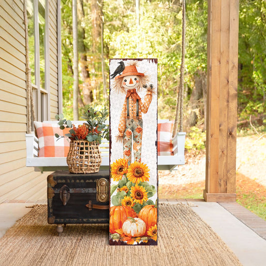 Fall Scarecrow Porch Sign | Autumn Decor with Sunflowers, Pumpkins & Crows | Perfect for Porch, Entryway, Patio, or Fall Display