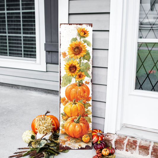 Fall Porch Sign | Pumpkin & Sunflower Vertical Wall Art | Rustic Autumn Outdoor Decor for Front Door, Garden, Entryway