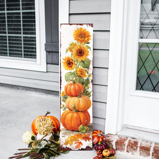 Fall Porch Sign | Pumpkin & Sunflower Vertical Wall Art | Rustic Autumn Outdoor Decor for Front Door, Garden, Entryway
