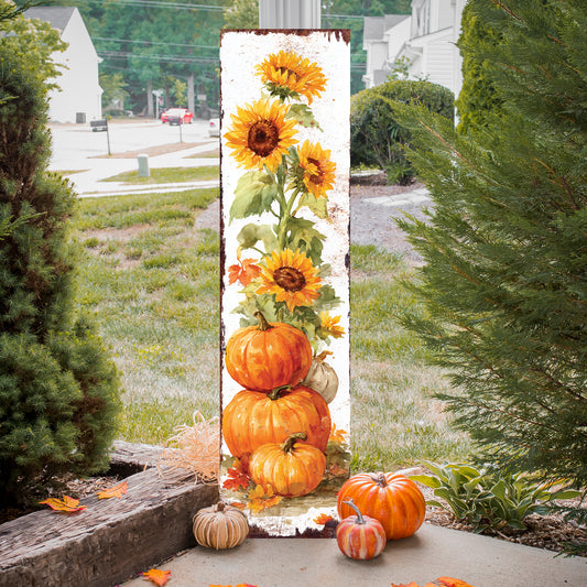 Fall Porch Sign | Pumpkin & Sunflower Vertical Wall Art | Rustic Autumn Outdoor Decor for Front Door, Garden, Entryway