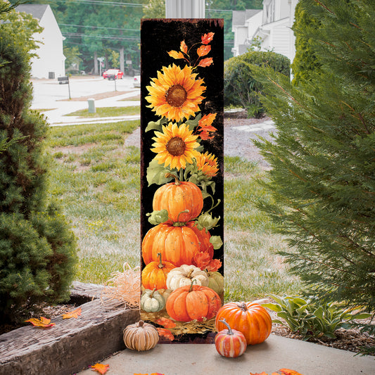 Fall Porch Sign | Pumpkin & Sunflower Stack Vertical Outdoor Decor | Rustic Farmhouse Autumn Decoration for Front Door or Patio