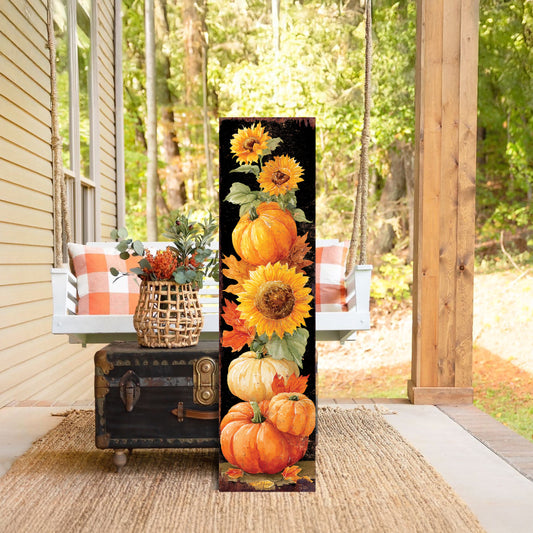 Fall Porch Sign | Pumpkin & Sunflower Stack Vertical Outdoor Decor | Rustic Farmhouse Autumn Decoration for Front Door or Patio