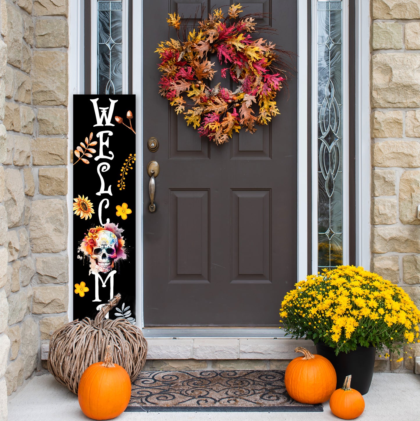 Vibrant Sugar Skull Welcome Sign | Fall & Día de los Muertos Porch Decor