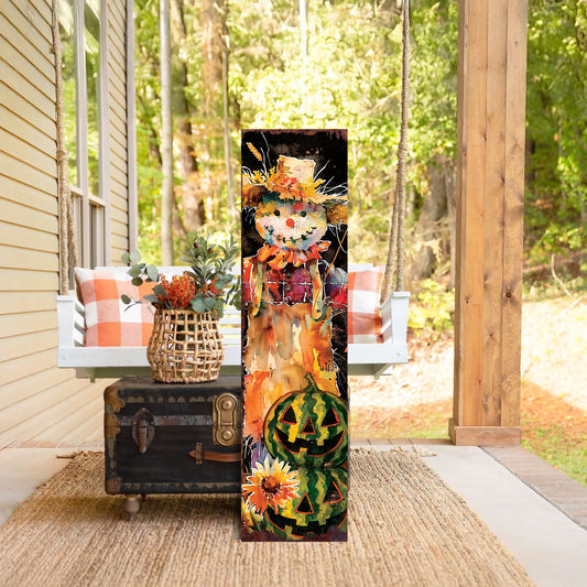 Fall Porch Sign | Watercolor Scarecrow with Watermelon Jack-O’-Lantern | Rustic Farmhouse Front Door Autumn Decoration