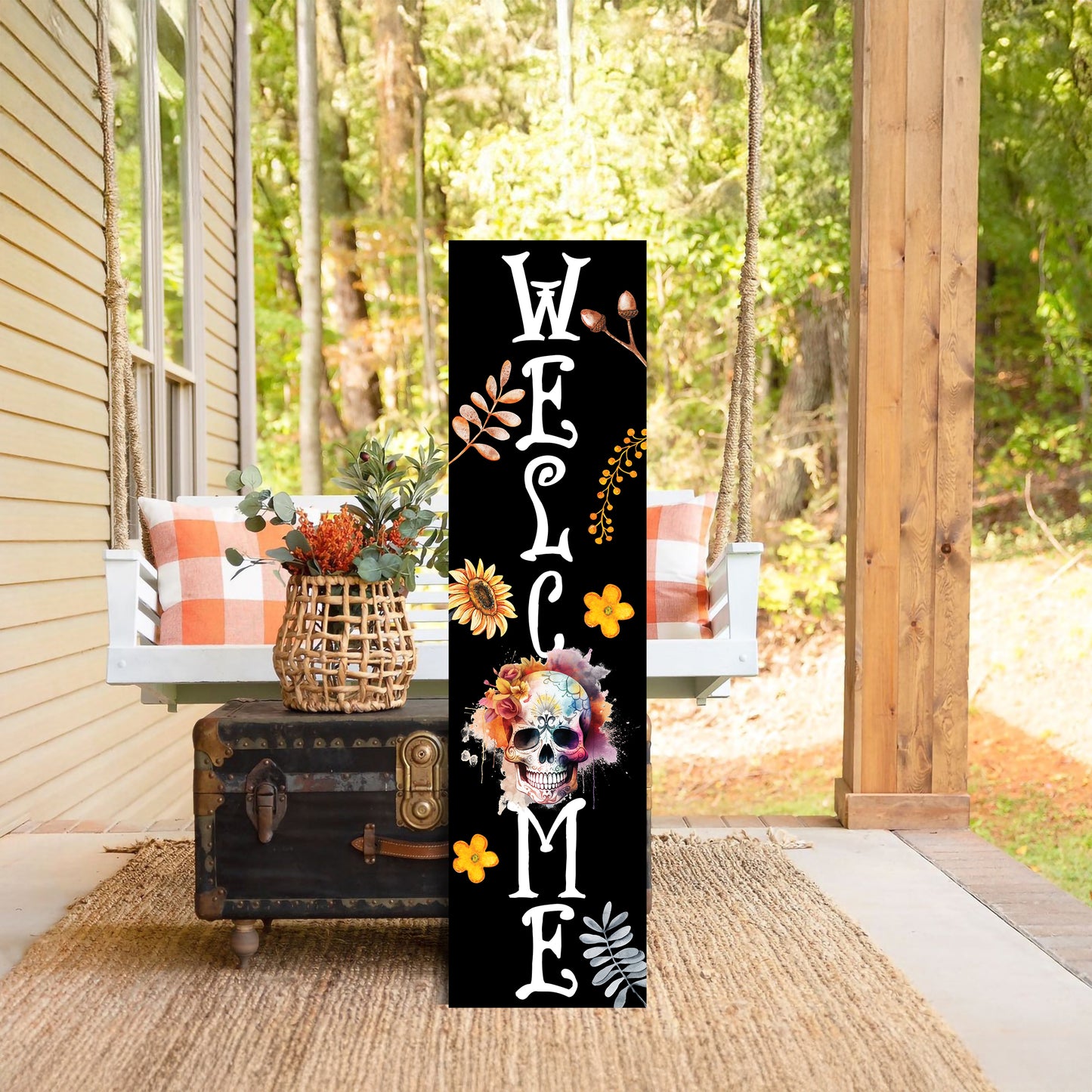 Vibrant Sugar Skull Welcome Sign | Fall & Día de los Muertos Porch Decor