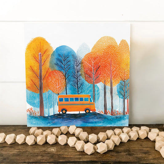 Fall Wall Art | School Bus in Autumn Forest | Back to School Seasonal Decor for Classroom, Entryway, or Living Room