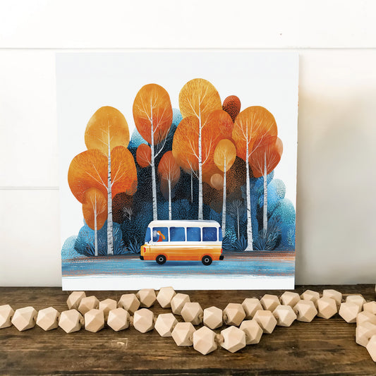 Fall Wall Art | School Bus in Autumn Forest | Back to School Seasonal Decor for Classroom, Entryway, or Living Room