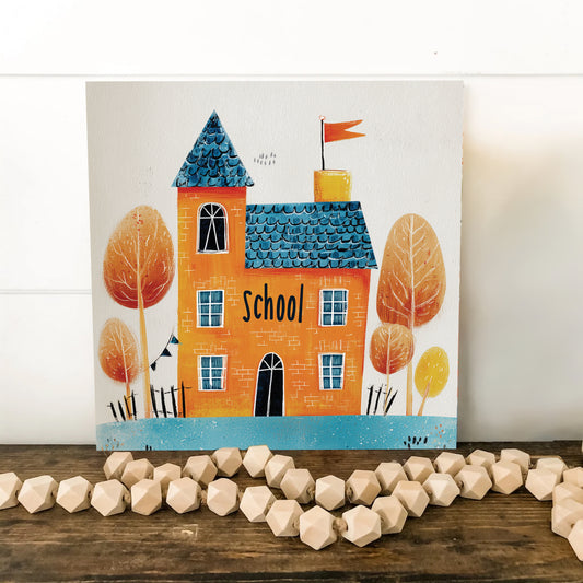 Fall Wall Art | Autumn Schoolhouse Painting | Back to School Seasonal Décor for Classroom, Kids’ Room, or Entryway