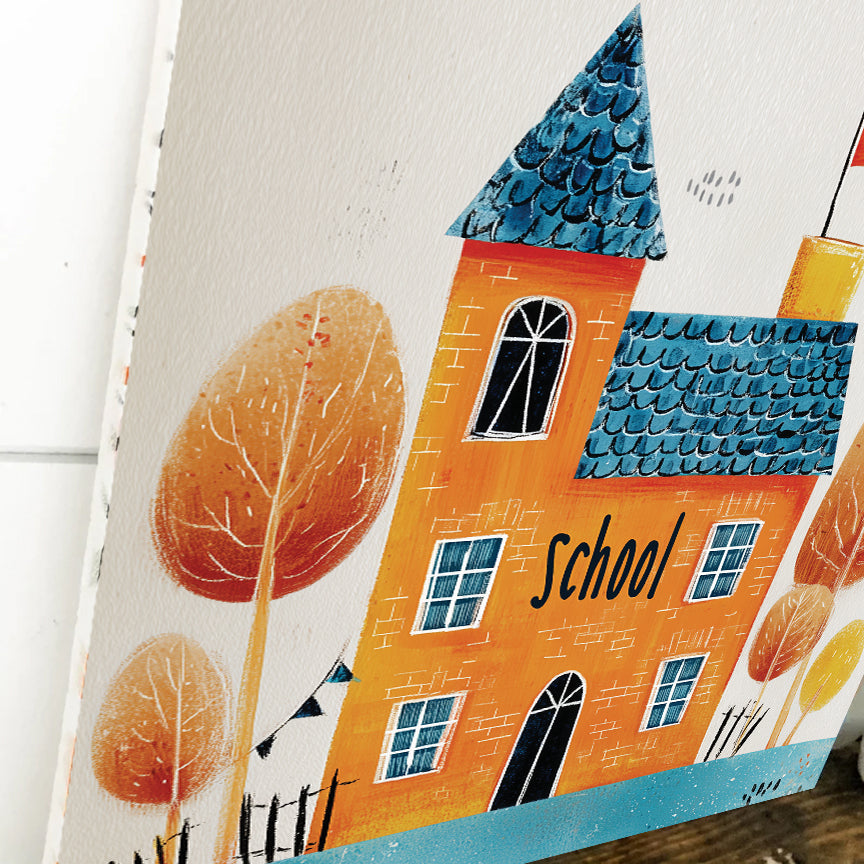 Fall Wall Art | Autumn Schoolhouse Painting | Back to School Seasonal Décor for Classroom, Kids’ Room, or Entryway