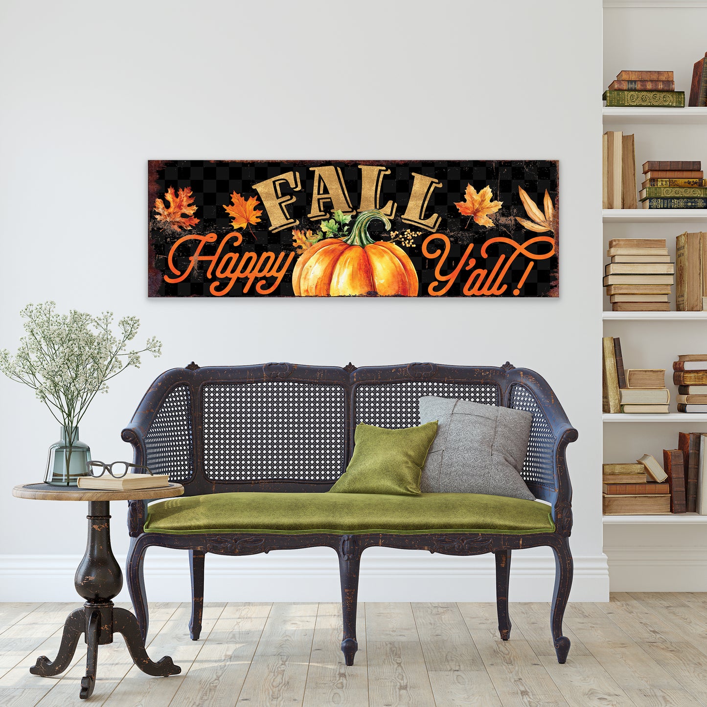 Happy Fall Y’all Wall Art | Pumpkin & Autumn Leaves Sign | Rustic Farmhouse Fall Decoration for Living Room or Porch