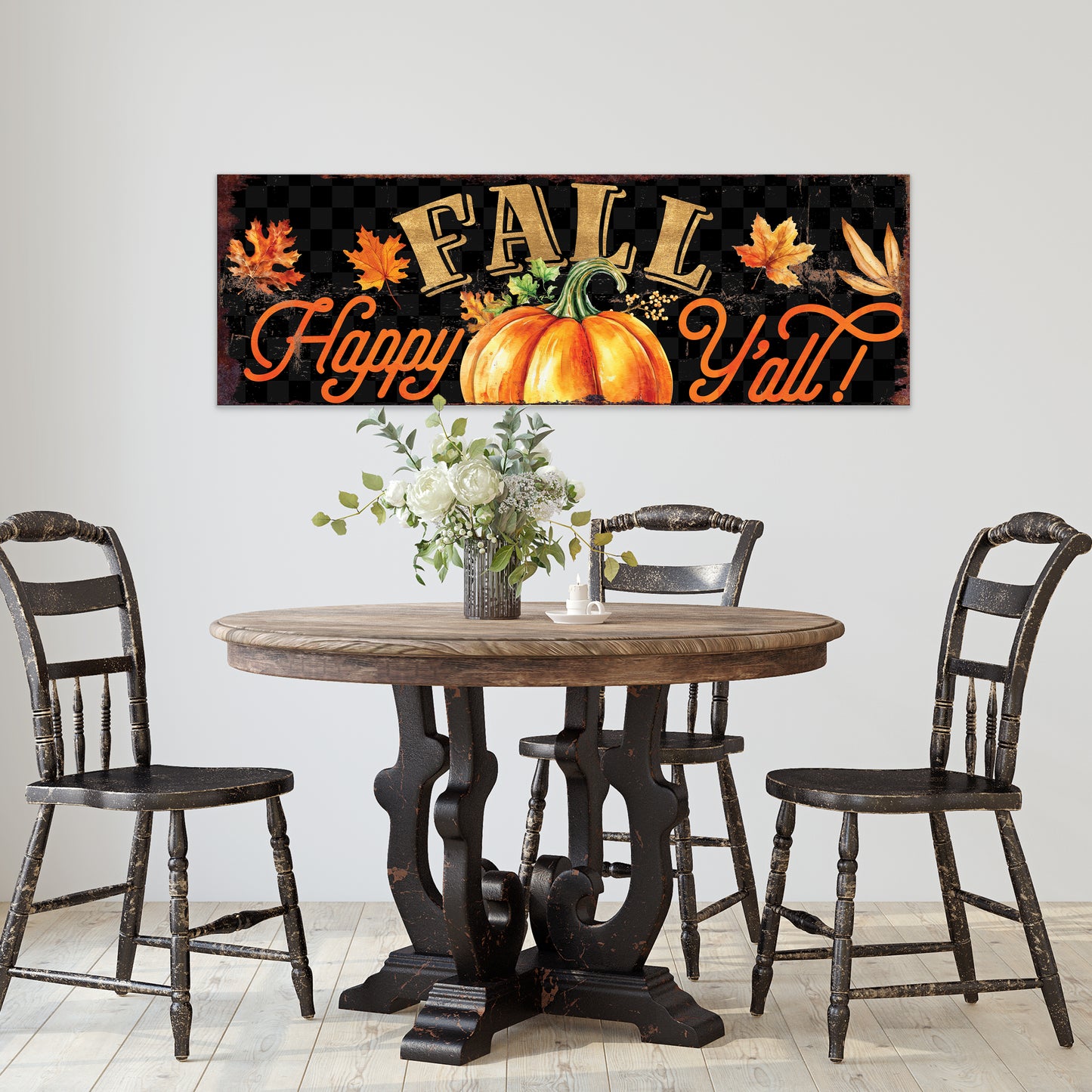 Happy Fall Y’all Wall Art | Pumpkin & Autumn Leaves Sign | Rustic Farmhouse Fall Decoration for Living Room or Porch