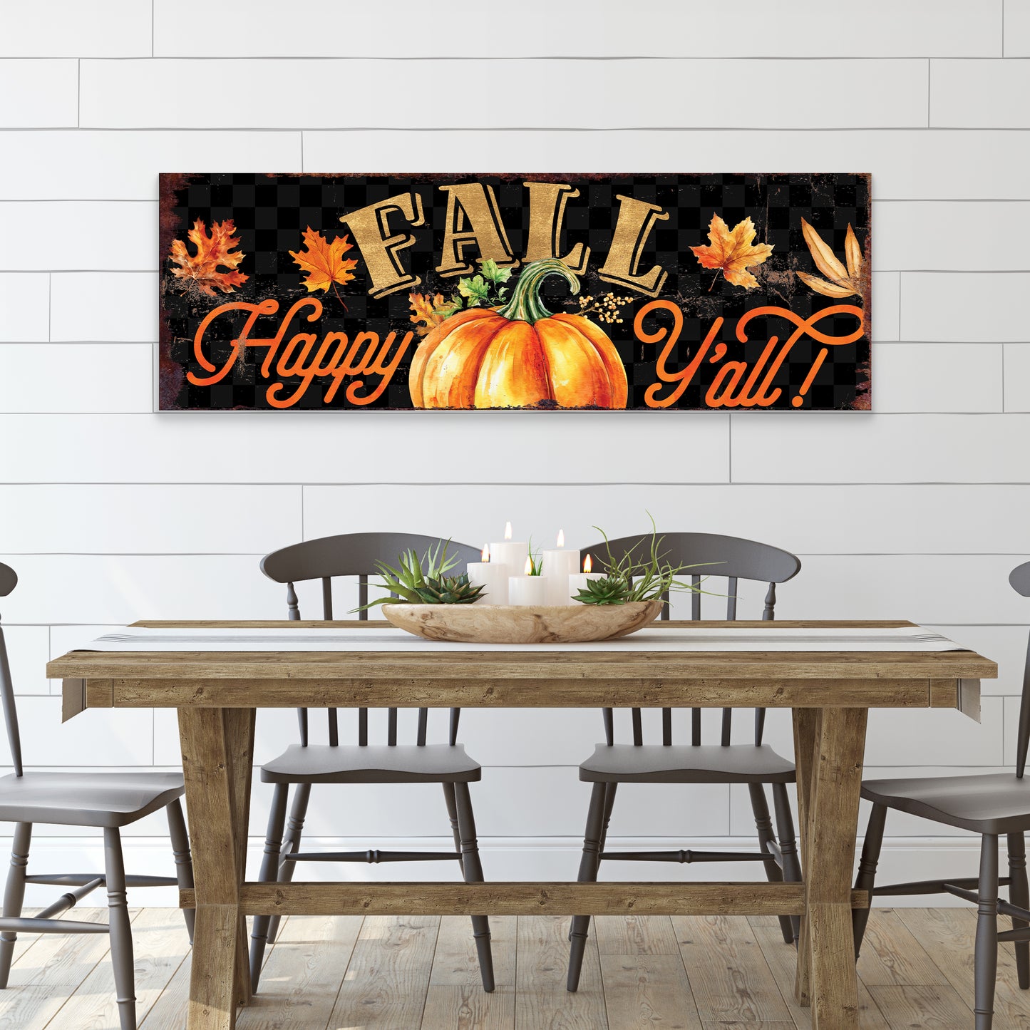 Happy Fall Y’all Wall Art | Pumpkin & Autumn Leaves Sign | Rustic Farmhouse Fall Decoration for Living Room or Porch