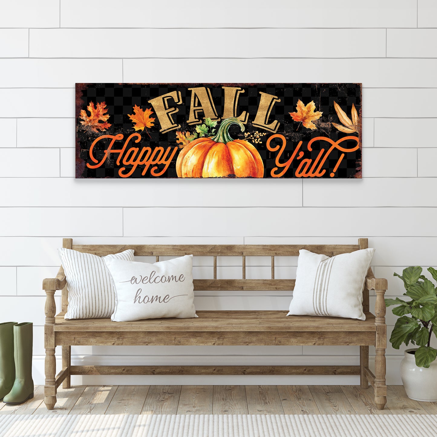 Happy Fall Y’all Wall Art | Pumpkin & Autumn Leaves Sign | Rustic Farmhouse Fall Decoration for Living Room or Porch