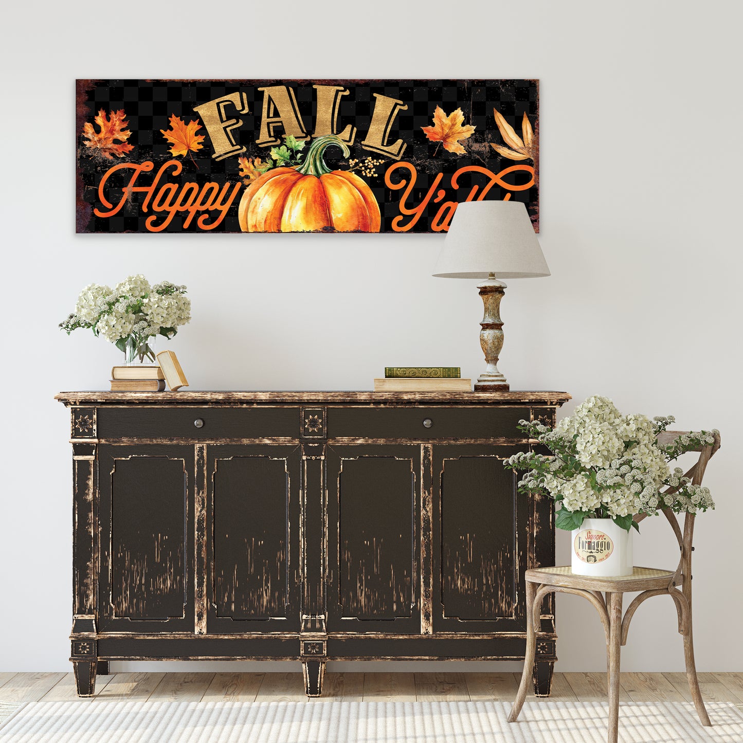 Happy Fall Y’all Wall Art | Pumpkin & Autumn Leaves Sign | Rustic Farmhouse Fall Decoration for Living Room or Porch