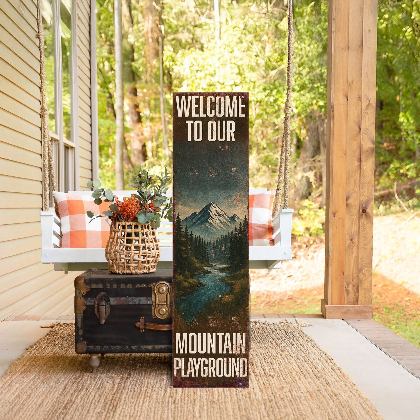 Welcome to Our Mountain Playground Porch Sign | Rustic Cabin Lodge Decor | Outdoor Adventure Wall Art for Porch, Patio & Entryway