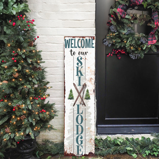 Welcome to Our Ski Lodge Porch Sign | Rustic Winter Cabin Decor with Skis & Pines | Farmhouse Entryway Sign for Porch  Indoor