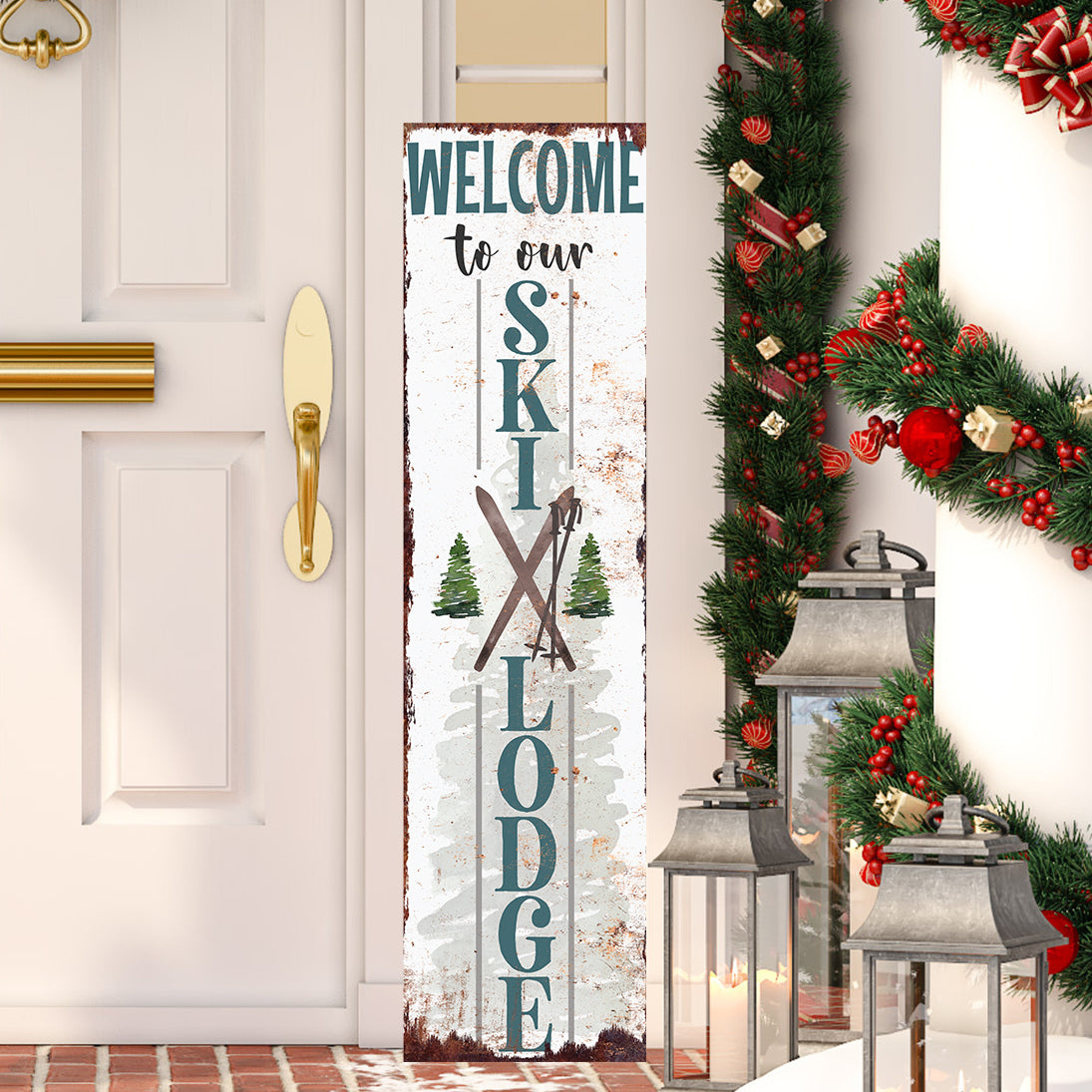 Welcome to Our Ski Lodge Porch Sign | Rustic Winter Cabin Decor with Skis & Pines | Farmhouse Entryway Sign for Porch  Indoor