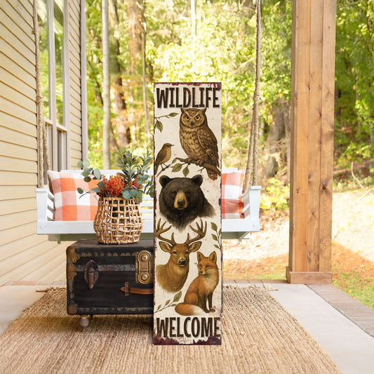 Wildlife Welcome Porch Sign | Rustic Cabin Lodge Decor with Bear, Deer, Owl & Fox | Outdoor Farmhouse Wall Art for Porch  Entryway