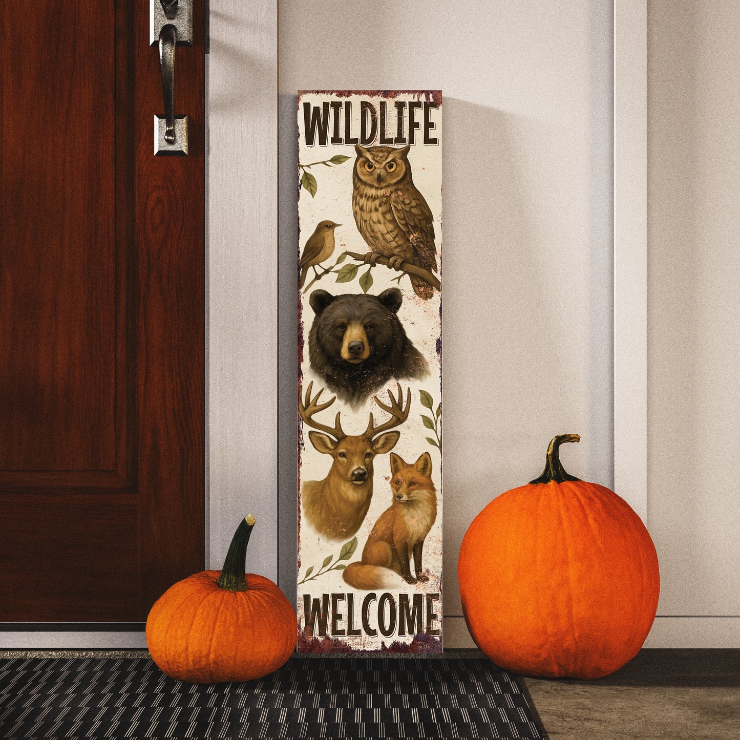 Wildlife Welcome Porch Sign | Rustic Cabin Lodge Decor with Bear, Deer, Owl & Fox | Outdoor Farmhouse Wall Art for Porch  Entryway