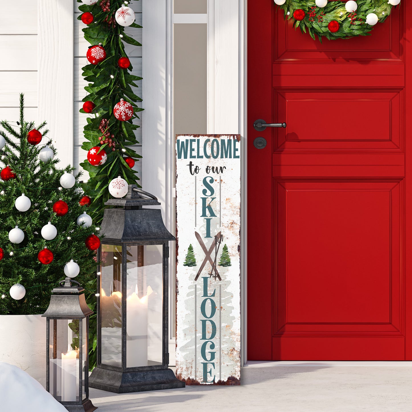 Welcome to Our Ski Lodge Porch Sign | Rustic Winter Cabin Decor with Skis & Pines | Farmhouse Entryway Sign for Porch  Indoor