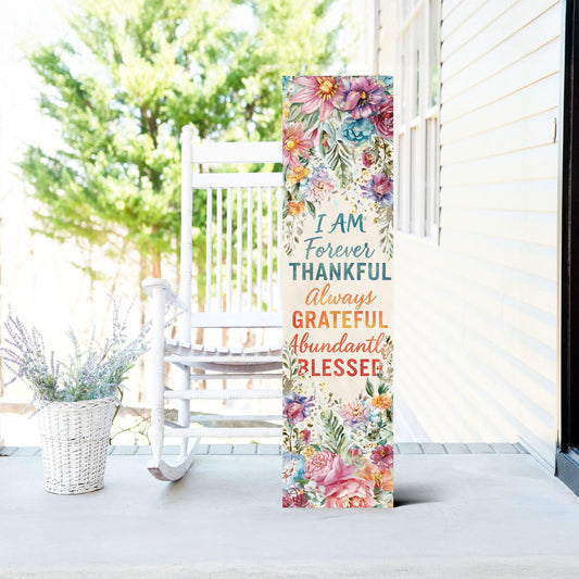 Thankful Grateful Blessed Porch Sign | Floral Farmhouse Welcome Sign | Inspirational Entryway Décor for Porch, Patio, Indoor