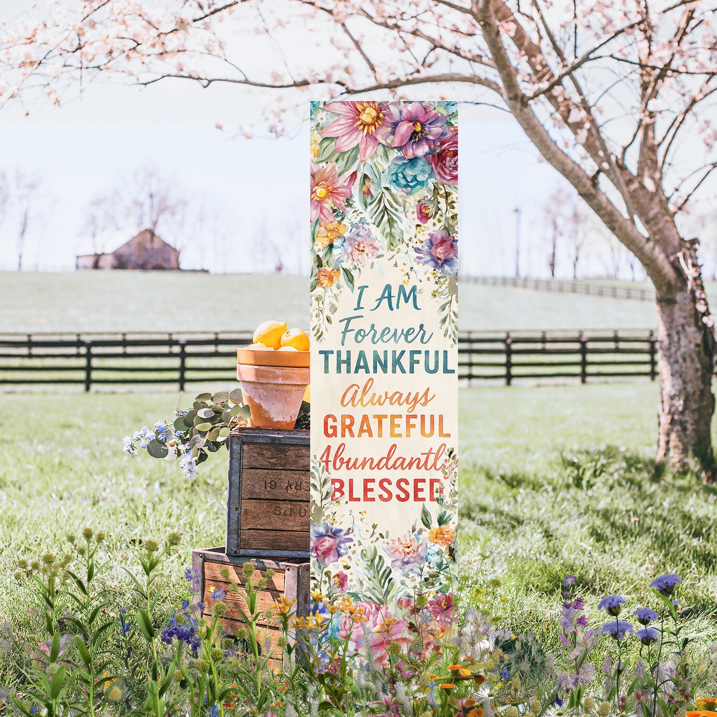 Thankful Grateful Blessed Porch Sign | Floral Farmhouse Welcome Sign | Inspirational Entryway Décor for Porch, Patio, Indoor