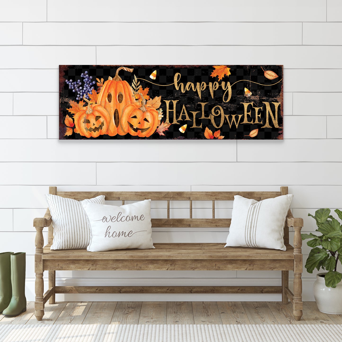 Happy Halloween Wall Art | Pumpkin & Candy Corn Farmhouse Sign | Rustic Fall Halloween Decoration for Home, Porch, or Living Room