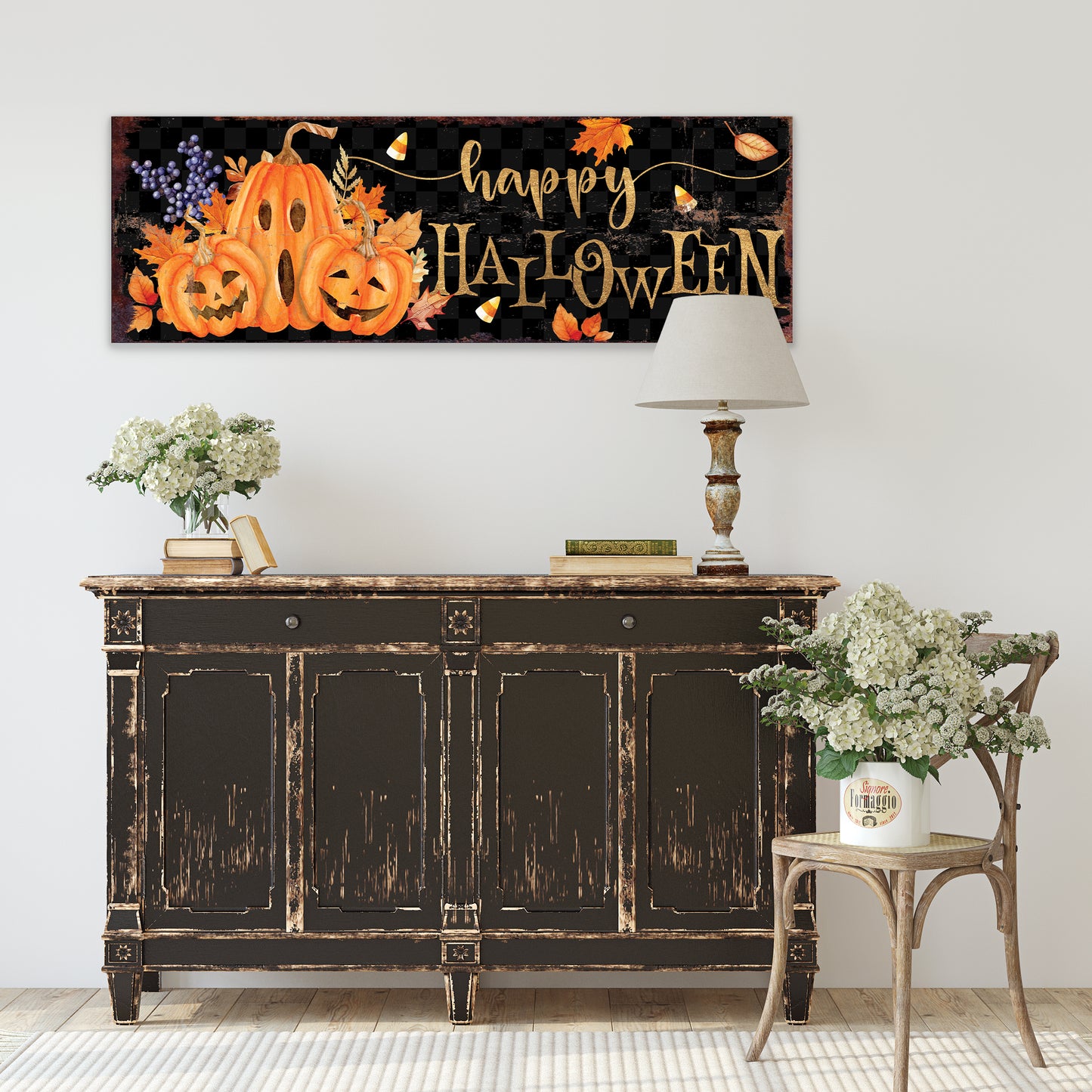Happy Halloween Wall Art | Pumpkin & Candy Corn Farmhouse Sign | Rustic Fall Halloween Decoration for Home, Porch, or Living Room