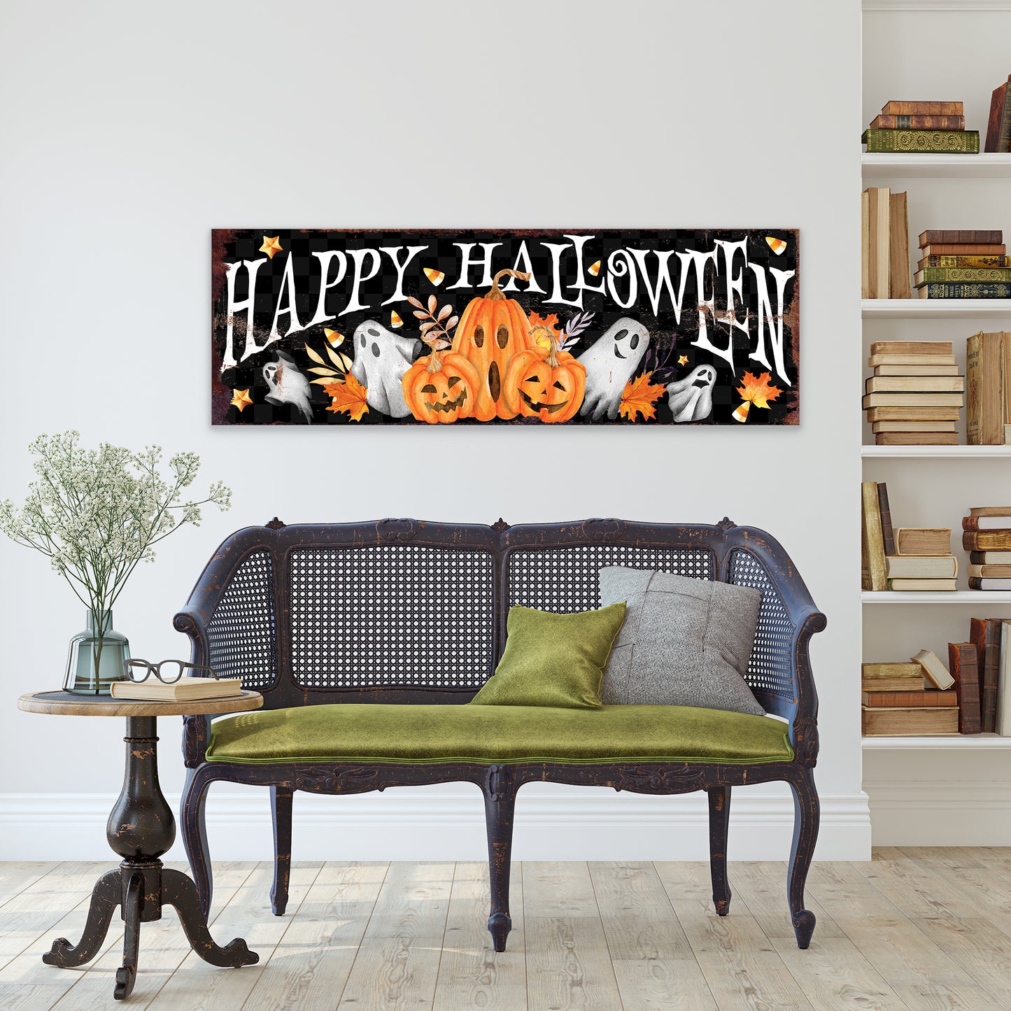 Happy Halloween Wall Art – Rustic Pumpkin & Ghost Farmhouse Sign – Seasonal Halloween Decoration for Living Room, Entryway, Porch, or Party