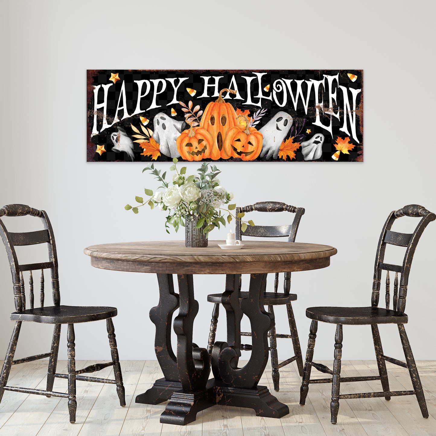Happy Halloween Wall Art – Rustic Pumpkin & Ghost Farmhouse Sign – Seasonal Halloween Decoration for Living Room, Entryway, Porch, or Party