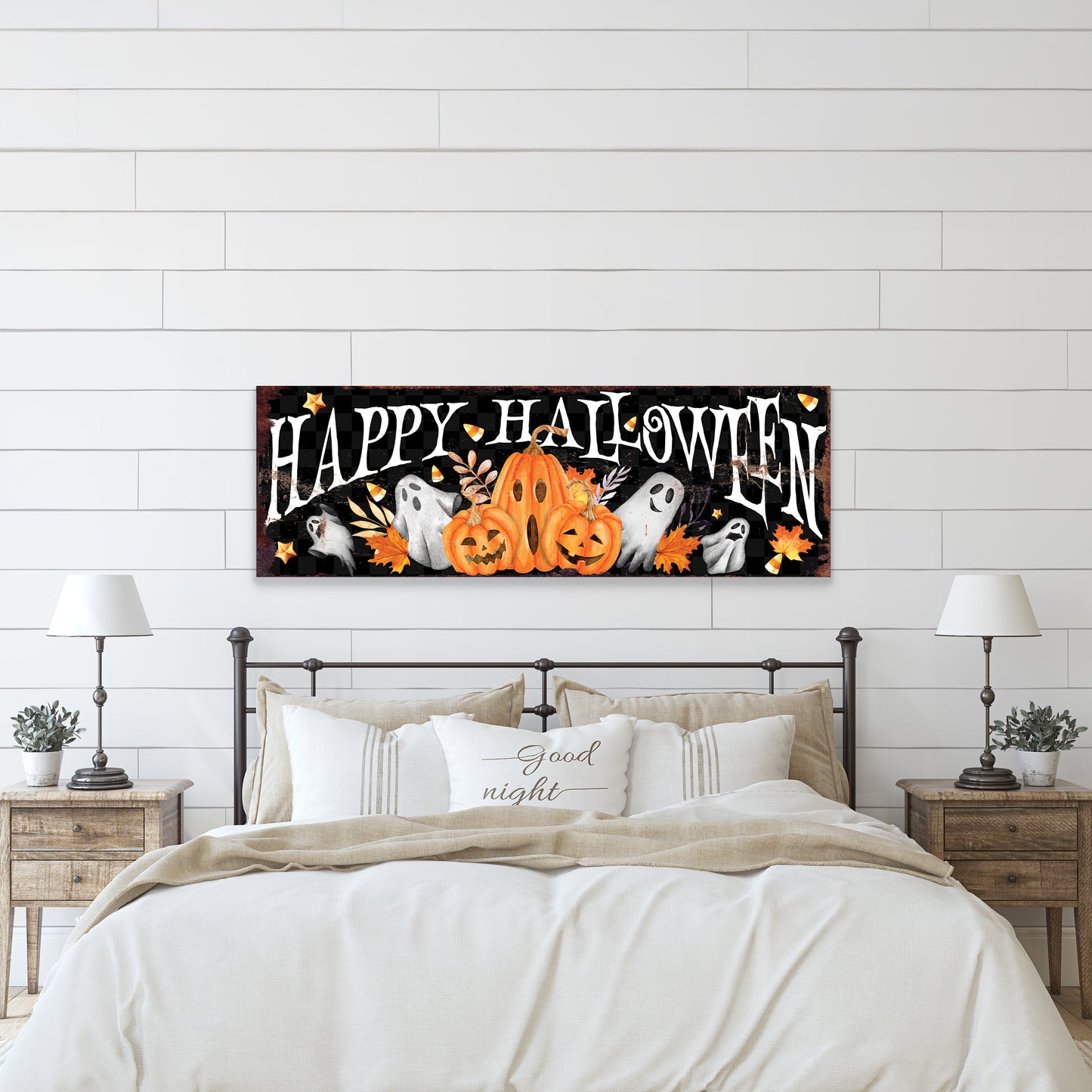 Happy Halloween Wall Art – Rustic Pumpkin & Ghost Farmhouse Sign – Seasonal Halloween Decoration for Living Room, Entryway, Porch, or Party
