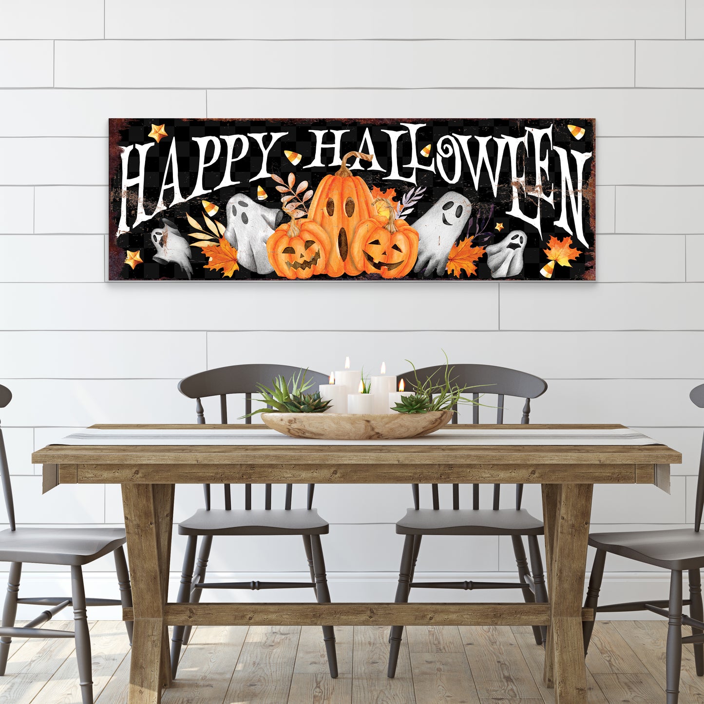 Happy Halloween Wall Art – Rustic Pumpkin & Ghost Farmhouse Sign – Seasonal Halloween Decoration for Living Room, Entryway, Porch, or Party