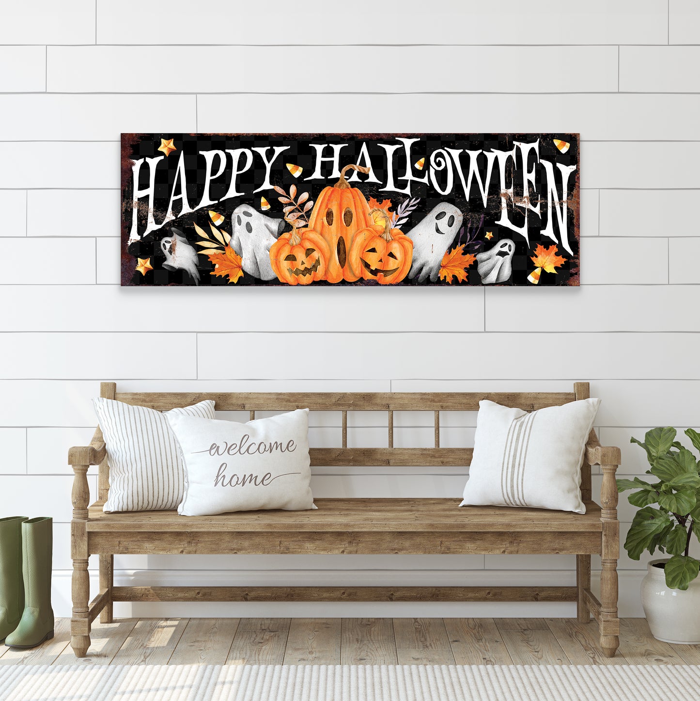 Happy Halloween Wall Art – Rustic Pumpkin & Ghost Farmhouse Sign – Seasonal Halloween Decoration for Living Room, Entryway, Porch, or Party