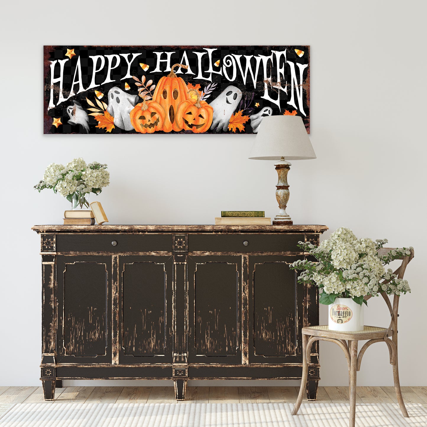 Happy Halloween Wall Art – Rustic Pumpkin & Ghost Farmhouse Sign – Seasonal Halloween Decoration for Living Room, Entryway, Porch, or Party