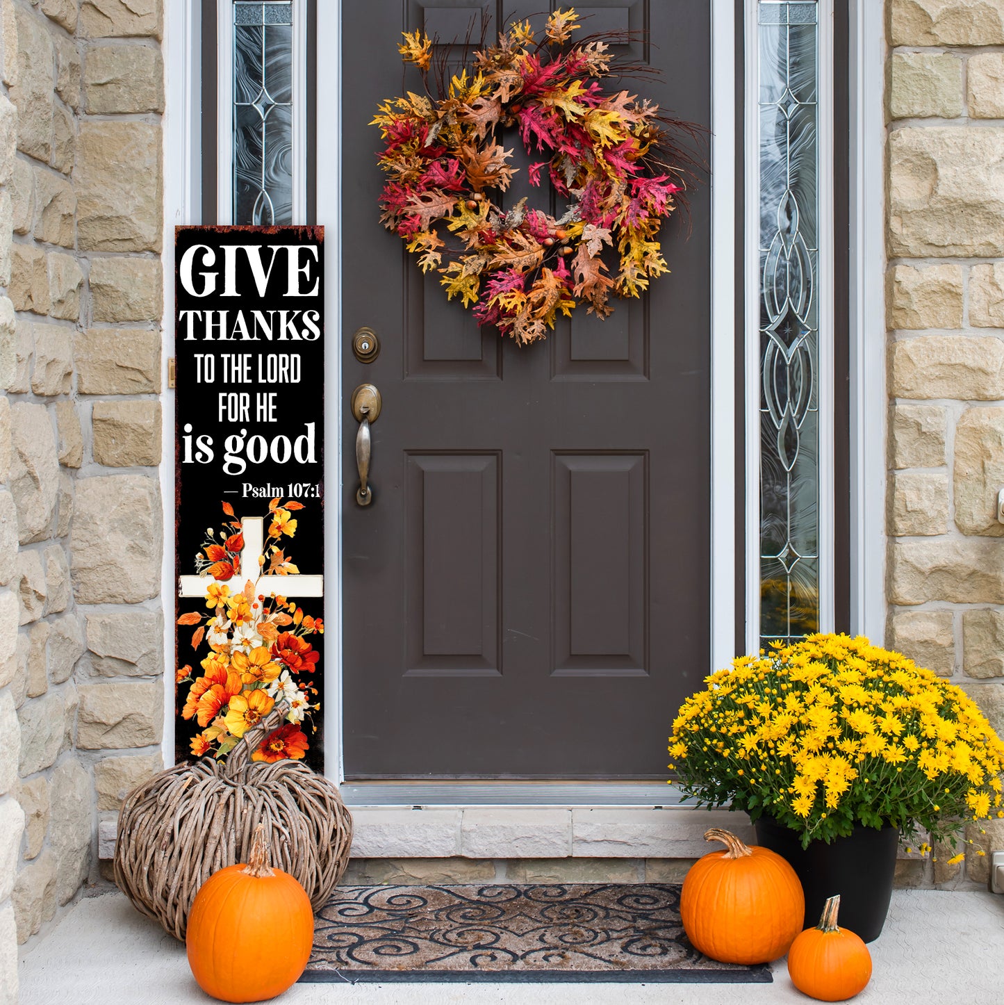 Christian Porch Sign – “Give Thanks to the Lord for He is Good” Scripture Sign (Psalm 107:1) – Rustic Farmhouse Outdoor & Indoor Religious Decor