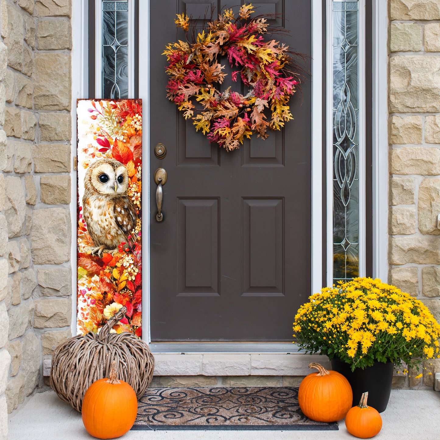 Fall Porch Sign with Owl Design – Rustic Autumn Front Porch Welcome Sign | Seasonal Pumpkin & Owl Outdoor Decoration for Entryway, Patio, Garden