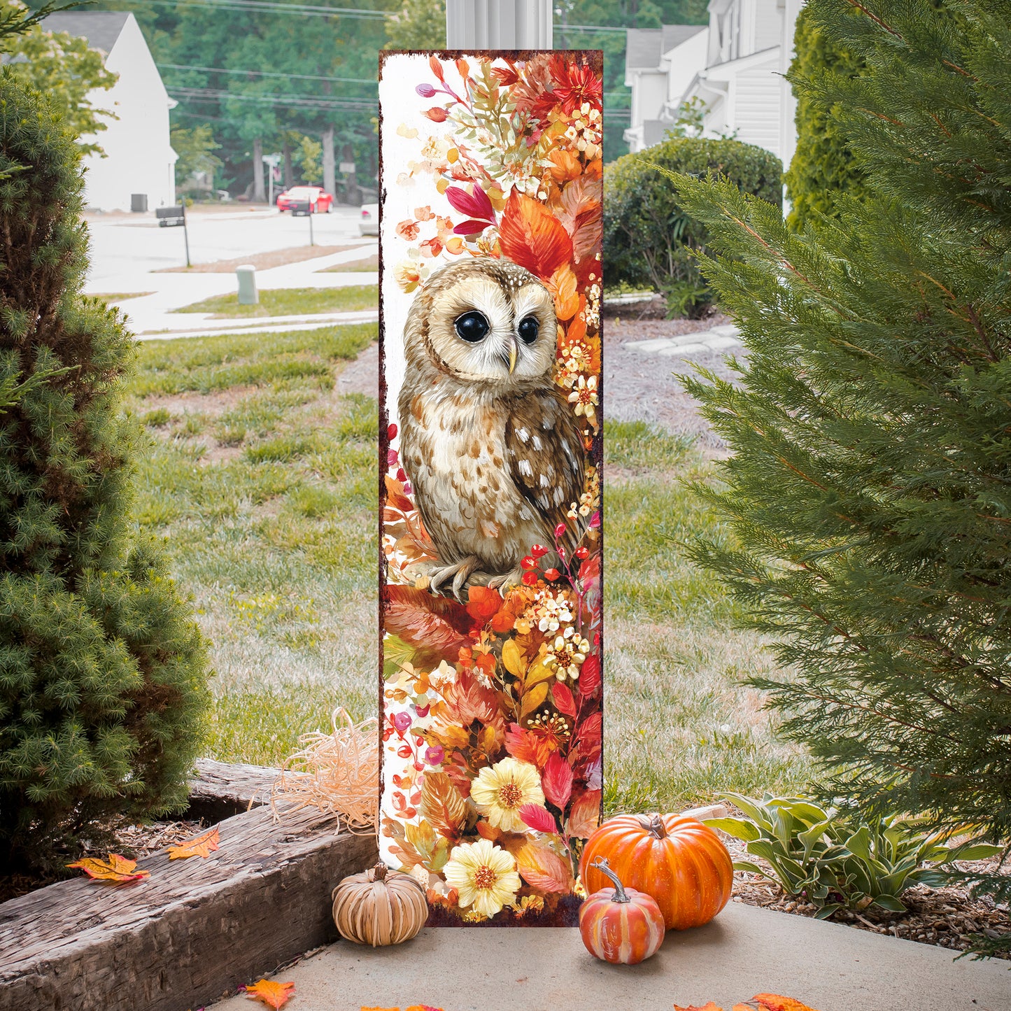 Fall Porch Sign with Owl Design – Rustic Autumn Front Porch Welcome Sign | Seasonal Pumpkin & Owl Outdoor Decoration for Entryway, Patio, Garden