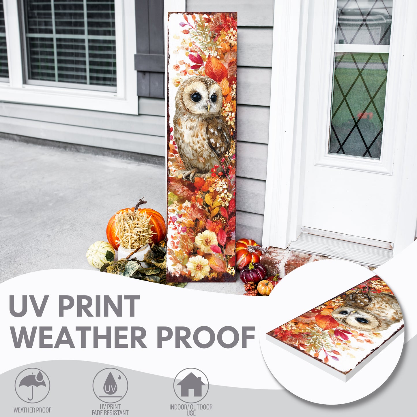 Fall Porch Sign with Owl Design – Rustic Autumn Front Porch Welcome Sign | Seasonal Pumpkin & Owl Outdoor Decoration for Entryway, Patio, Garden