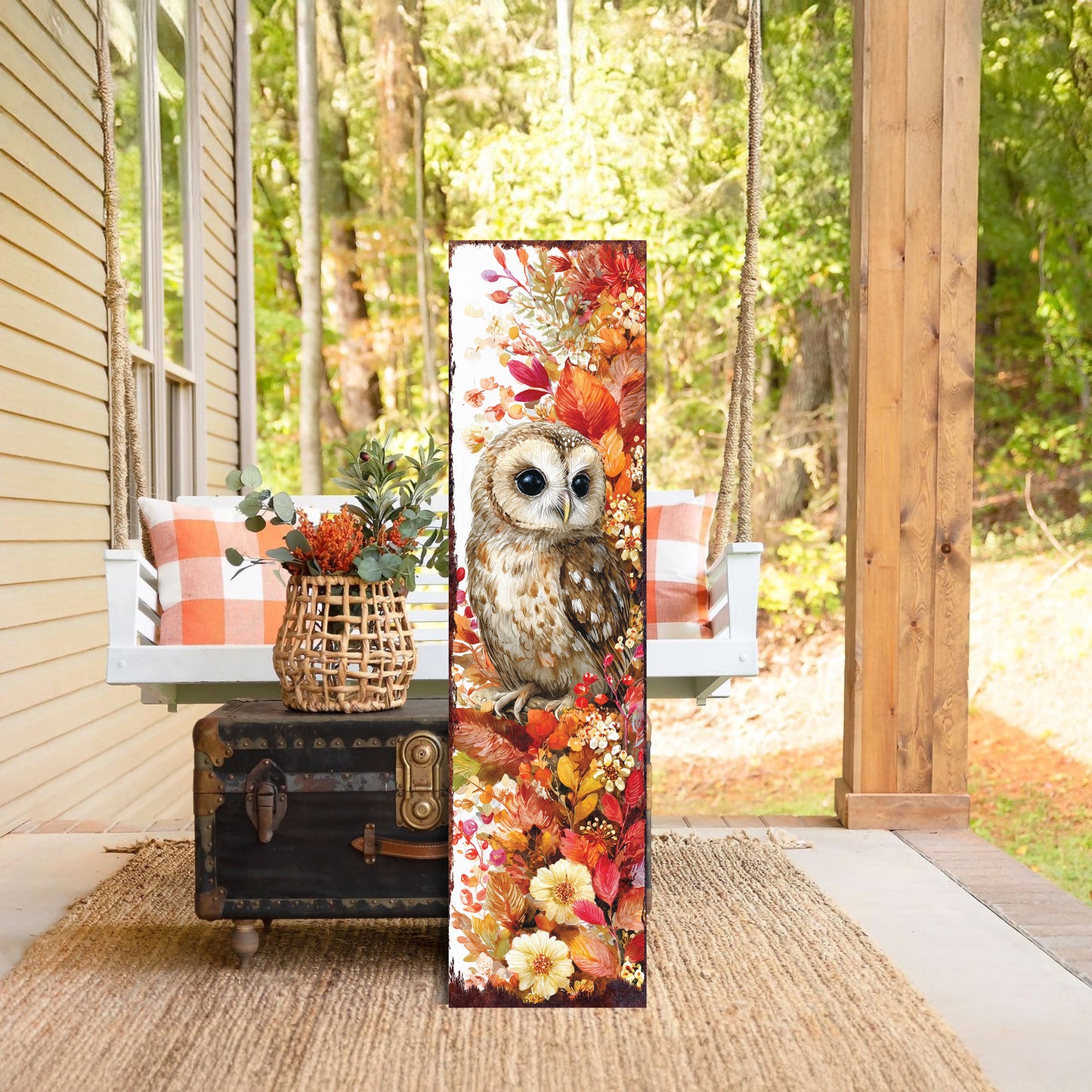 Fall Porch Sign with Owl Design – Rustic Autumn Front Porch Welcome Sign | Seasonal Pumpkin & Owl Outdoor Decoration for Entryway, Patio, Garden