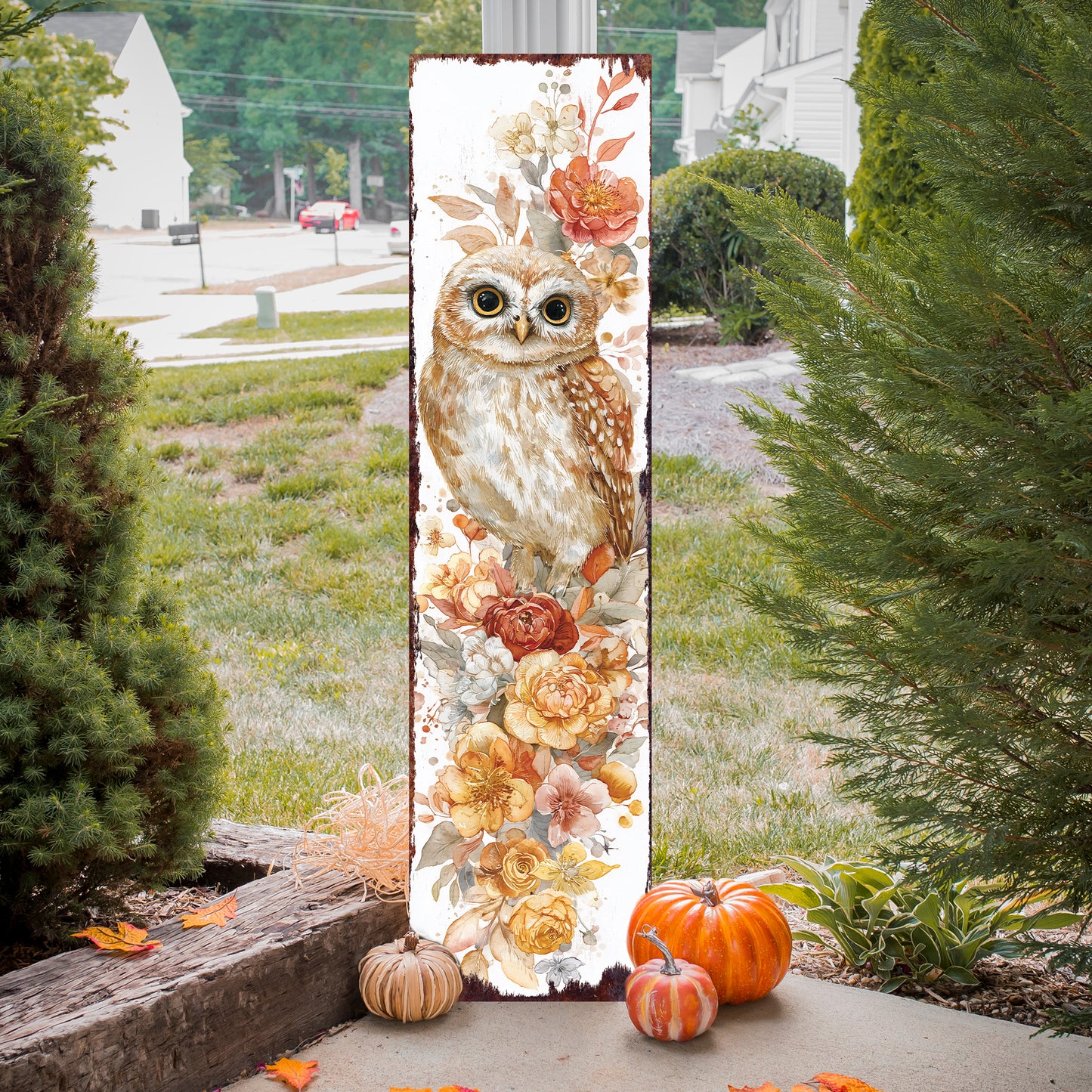 Fall Porch Sign with Owl Design – Rustic Autumn Front Porch Welcome Sign | Seasonal Pumpkin & Owl Outdoor Decoration for Entryway, Patio, Garden