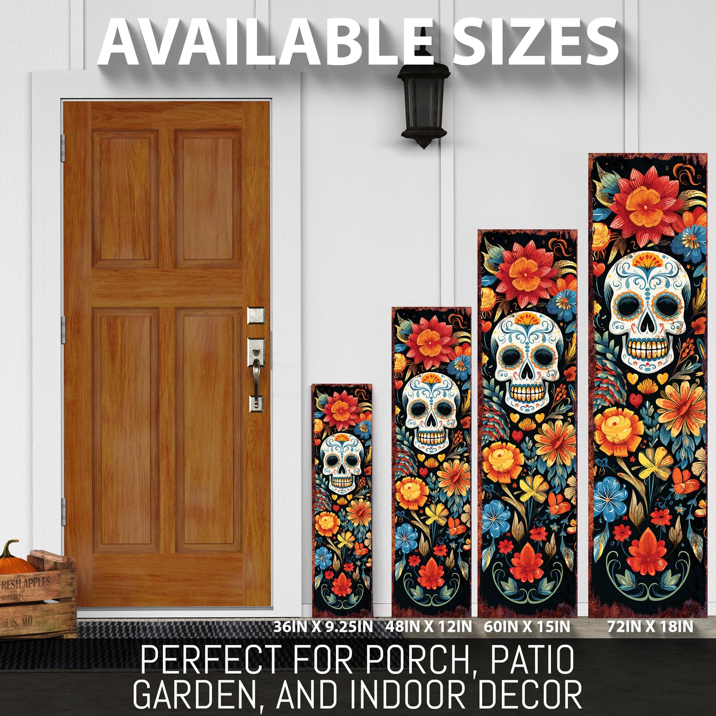 Día De Los Muertos Sugar Skull Porch Sign – Day of the Dead Front Porch Welcome Sign | Colorful Floral Sugar Skull Outdoor & Indoor Decoration