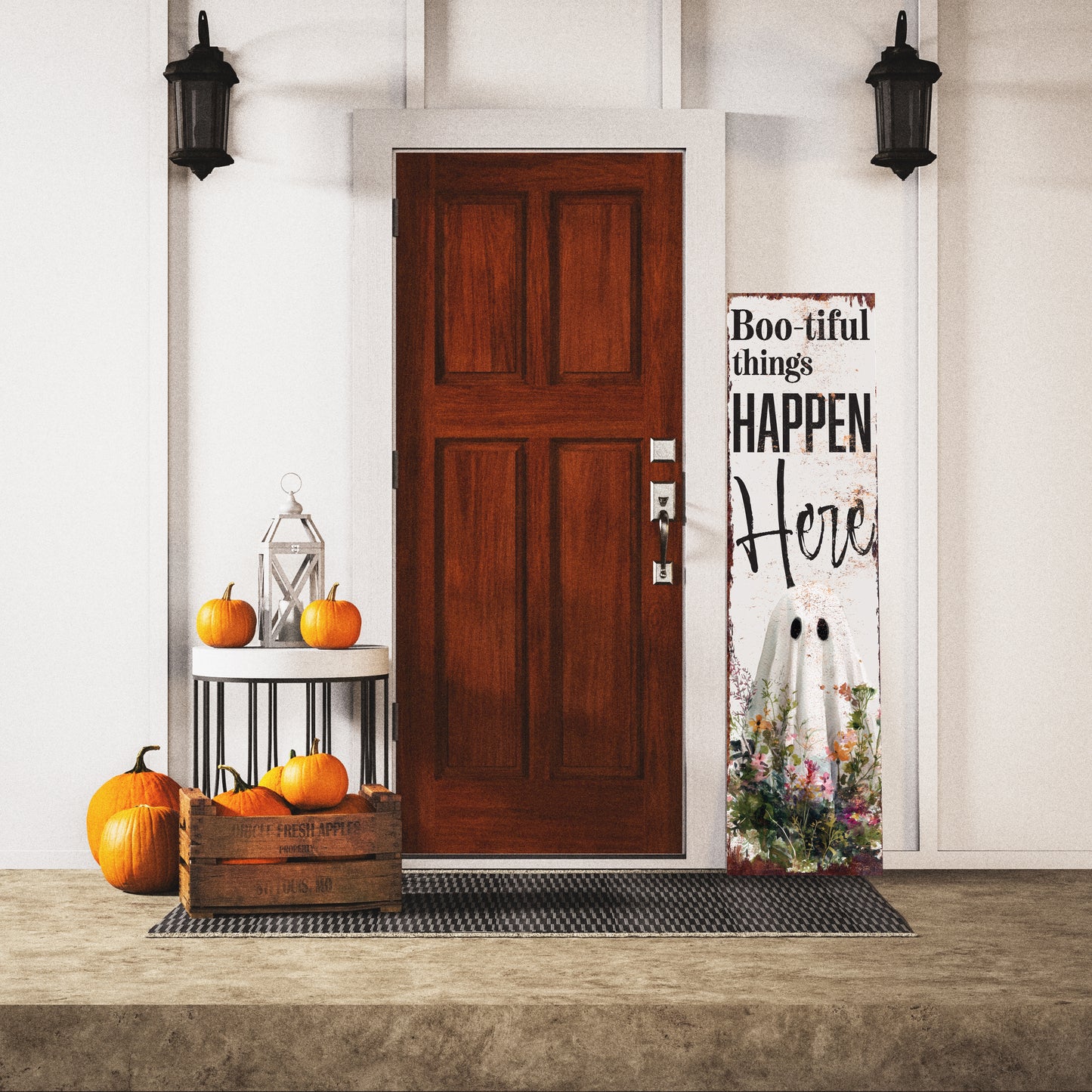 Halloween Porch Sign – Rustic “Boo-tiful Things Happen Here” Ghost Front Porch Welcome Sign | Spooky Farmhouse Halloween Outdoor Indoor Decor