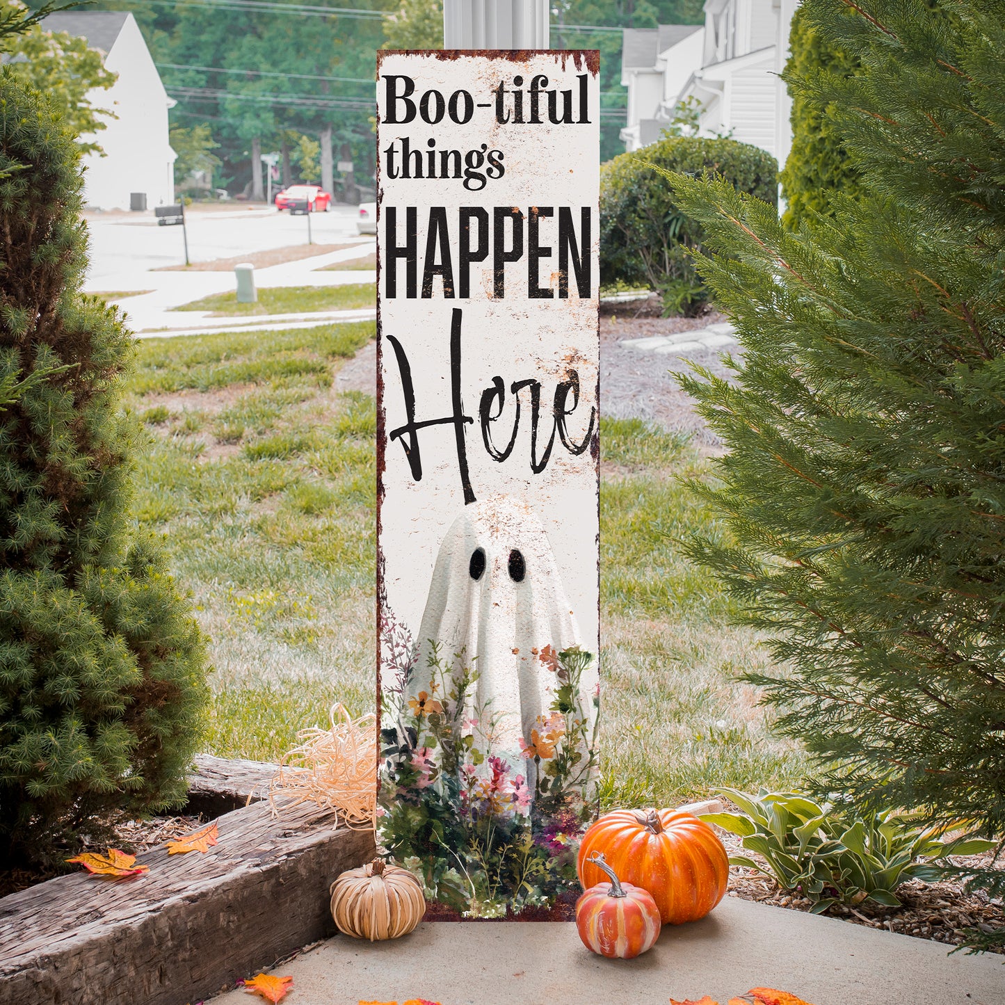 Halloween Porch Sign – Rustic “Boo-tiful Things Happen Here” Ghost Front Porch Welcome Sign | Spooky Farmhouse Halloween Outdoor Indoor Decor
