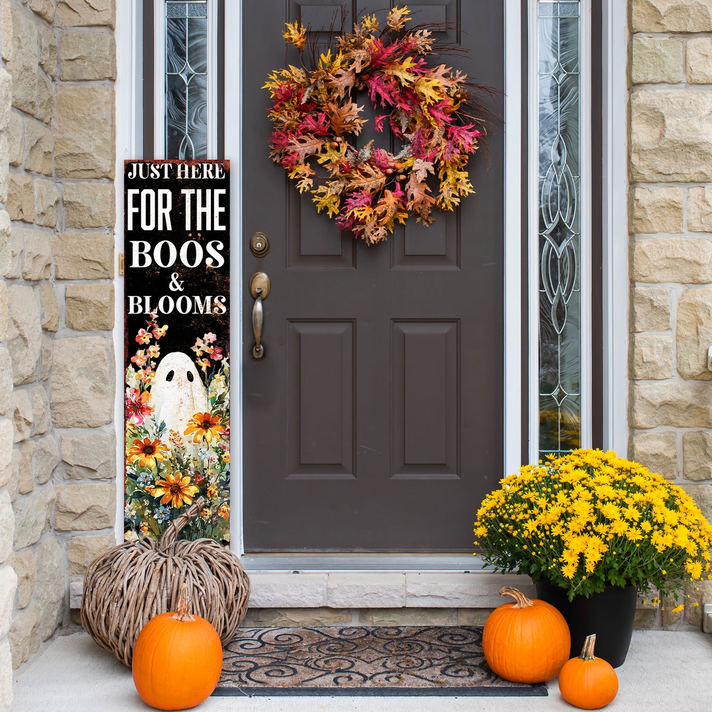 Halloween Porch Sign – Rustic Just Here for the Boos & Blooms Ghost Welcome Sign | Farmhouse Halloween Porch Decor for Outdoor  Indoor